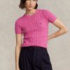 Fuchsiafarbene Ralph Lauren Kurzarmpullover aus Baumwolle mit Zopfmuster für Damen