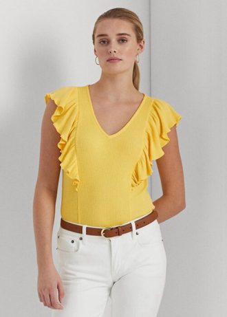 Gelbe Ralph Lauren T-Shirts aus Rippstrick mit Rüschenbesatz für Damen