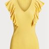 Gelbe Ralph Lauren T-Shirts aus Rippstrick mit Rüschenbesatz für Damen