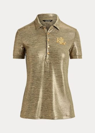 Goldfarbene Poloshirts aus Jersey mit Foliendruck von Ralph Lauren für Damen