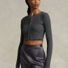 Graue gerippte Cropped-Tops mit Knopfleiste für Damen von Ralph Lauren Graue gerippte Cropped-Tops mit Knopfleiste für Damen von Ralph Lauren