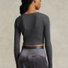 Graue gerippte Cropped-Tops mit Knopfleiste für Damen von Ralph Lauren Graue gerippte Cropped-Tops mit Knopfleiste für Damen von Ralph Lauren