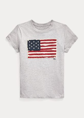 Graue Ralph Lauren Flag Baumwolljersey-T-Shirts für Damen