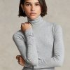 Graue Ralph Lauren Stretch Ribbed Turtleneck T-Shirts für Damen