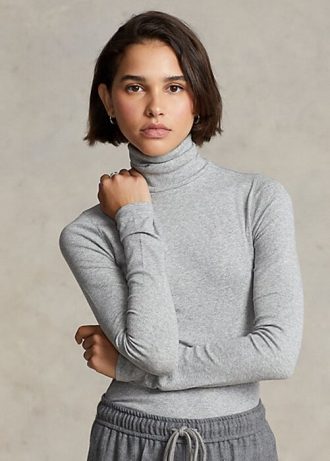 Graue Ralph Lauren Stretch Ribbed Turtleneck T-Shirts für Damen