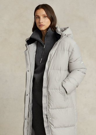 Graue wasserabweisende Daunenmäntel mit Kapuze von Ralph Lauren für Damen