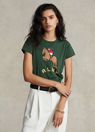 Grüne Damen Ralph Lauren Equestrian Appliqué Logo Jersey T-Shirts