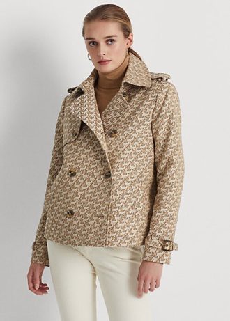 Khakifarbene Ralph Lauren-Mäntel aus zweireihigem Jacquard mit Monogramm für Damen