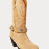 Khakifarbene Ralph Lauren Westernstiefel aus Kalbswildleder mit Nieten für Damen