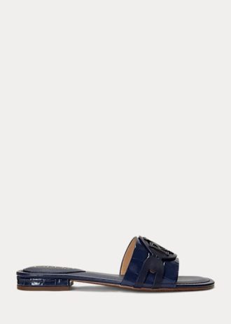 Marineblaue flache Schuhe aus Leder mit Krokodilprägung für Damen von Ralph Lauren Alegra