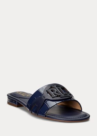 Marineblaue flache Schuhe aus Leder mit Krokodilprägung für Damen von Ralph Lauren Alegra