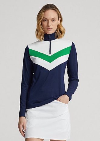 Marineblaue / grüne Ralph Lauren Chevron-Streifen-Sweatshirts mit Viertelreißverschluss für Damen
