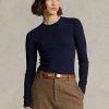 Marineblaue langärmlige T-Shirts mit geripptem Wildlederbesatz für Damen von Ralph Lauren