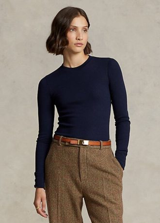 Marineblaue langärmlige T-Shirts mit geripptem Wildlederbesatz für Damen von Ralph Lauren