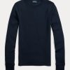 Marineblaue langärmlige T-Shirts mit geripptem Wildlederbesatz für Damen von Ralph Lauren