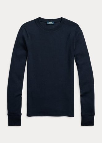 Marineblaue langärmlige T-Shirts mit geripptem Wildlederbesatz für Damen von Ralph Lauren