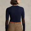 Marineblaue langärmlige T-Shirts mit geripptem Wildlederbesatz für Damen von Ralph Lauren