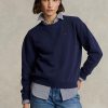 Marineblaue Ralph Lauren Fleece-Pullover mit Rundhalsausschnitt für Damen