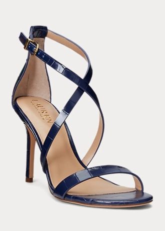 Marineblaue Ralph Lauren Gabriele Sandalen aus geprägtem Leder für Damen