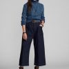 Marineblaue Ralph Lauren-Jeanshose mit weitem Bein aus Baumwoll-Leinen für Damen
