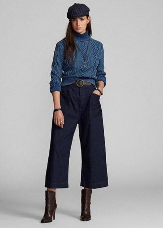 Marineblaue Ralph Lauren-Jeanshose mit weitem Bein aus Baumwoll-Leinen für Damen