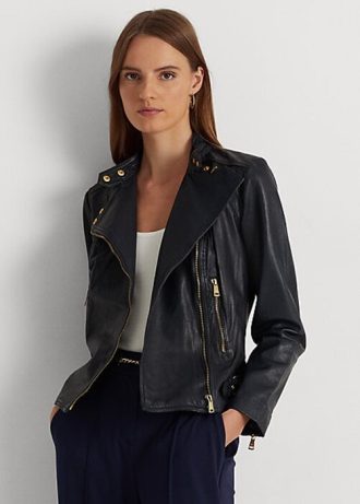 Marineblaue Ralph Lauren Motorradjacken aus getrommeltem Leder für Damen