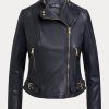 Marineblaue Ralph Lauren Motorradjacken aus getrommeltem Leder für Damen