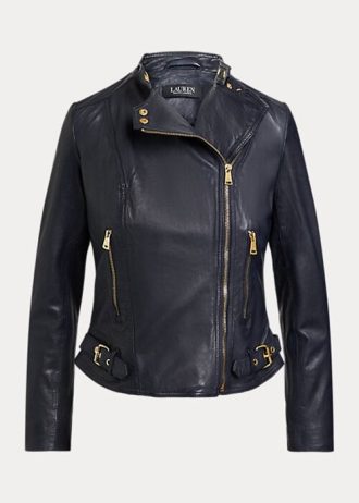 Marineblaue Ralph Lauren Motorradjacken aus getrommeltem Leder für Damen