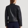Marineblaue Ralph Lauren Motorradjacken aus getrommeltem Leder für Damen