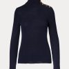 Marineblaue Ralph Lauren Rollkragenpullover aus Kaschmir mit Knöpfen für Damen