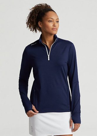 Marineblaue Ralph Lauren Stretch-Jersey-Sweatshirts mit Viertelreißverschluss für Damen