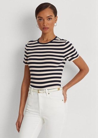 Marineblaue Ralph Lauren T-Shirts aus gestreifter Stretch-Baumwolle für Damen