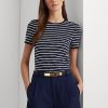 Marineblaue Ralph Lauren T-Shirts aus gestreifter Stretch-Baumwolle für Damen