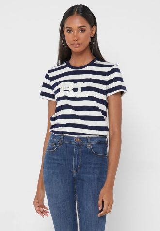 Marineblaue Ralph Lauren T-Shirts mit Rundhalsausschnitt und Streifen für Damen