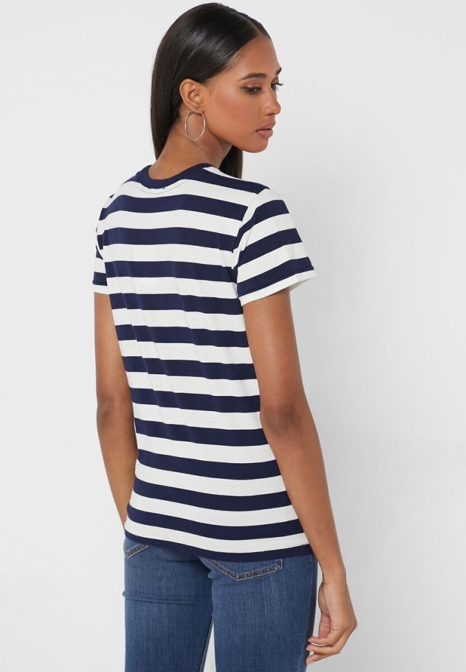 Marineblaue Ralph Lauren T-Shirts mit Rundhalsausschnitt und Streifen für Damen