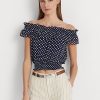 Marineblaue, schulterfreie Blusenhemden mit Polka-Dot-Muster für Damen von Ralph Lauren