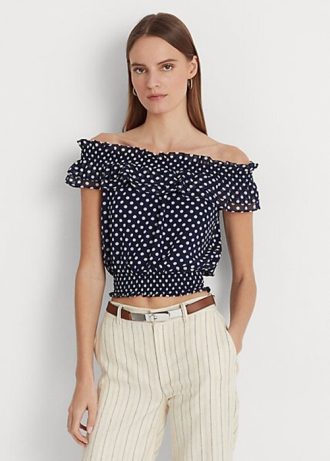 Marineblaue, schulterfreie Blusenhemden mit Polka-Dot-Muster für Damen von Ralph Lauren