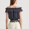 Marineblaue, schulterfreie Blusenhemden mit Polka-Dot-Muster für Damen von Ralph Lauren