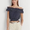 Marineblaue, schulterfreie Blusenoberteile mit Polka-Dot-Muster für Damen von Ralph Lauren