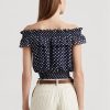 Marineblaue, schulterfreie Blusenoberteile mit Polka-Dot-Muster für Damen von Ralph Lauren