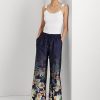 Marineblaue, weit geschnittene Charmeuse-Hose mit Blumenmuster von Ralph Lauren für Damen