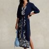 Marineblaues Maxikleid aus Gaze mit Blumenstickerei für Damen von Ralph Lauren