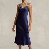 Marineblaues Ralph Lauren Midi-Unterkleid aus Maulbeerseide für Damen