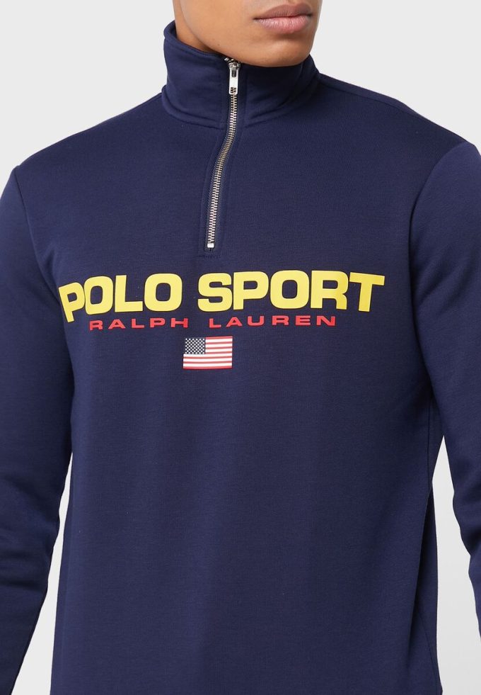 Marineblaues Ralph Lauren-Sweatshirt mit halbem Reißverschluss und Logo für Herren