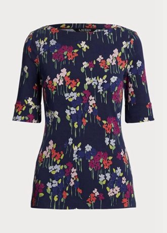 Mehrfarbige Ralph Lauren T-Shirts aus Stretch-Baumwolle mit U-Boot-Ausschnitt und Blumenmuster für Damen