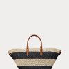 Natur/Schwarz/Lauren Tan Damen Ralph Lauren Striped Straw Medium Daphney Tote Bags