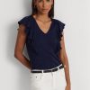 Navy Damen Ralph Lauren T-Shirts mit Rüschenbesatz und Rippstrick