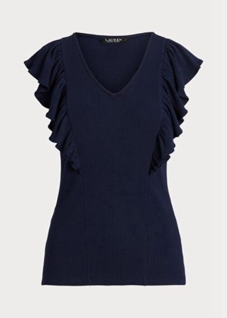 Navy Damen Ralph Lauren T-Shirts mit Rüschenbesatz und Rippstrick