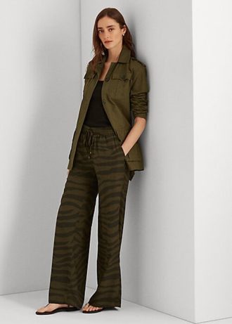 Olivgrüne Crêpe-Hose mit weitem Bein und Zebra-Print von Ralph Lauren für Damen