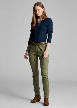 Olivgrüne, enge Stretch-Cargohose von Ralph Lauren für Damen